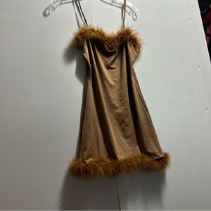 Elegant Brown Chemise with Feather Trim